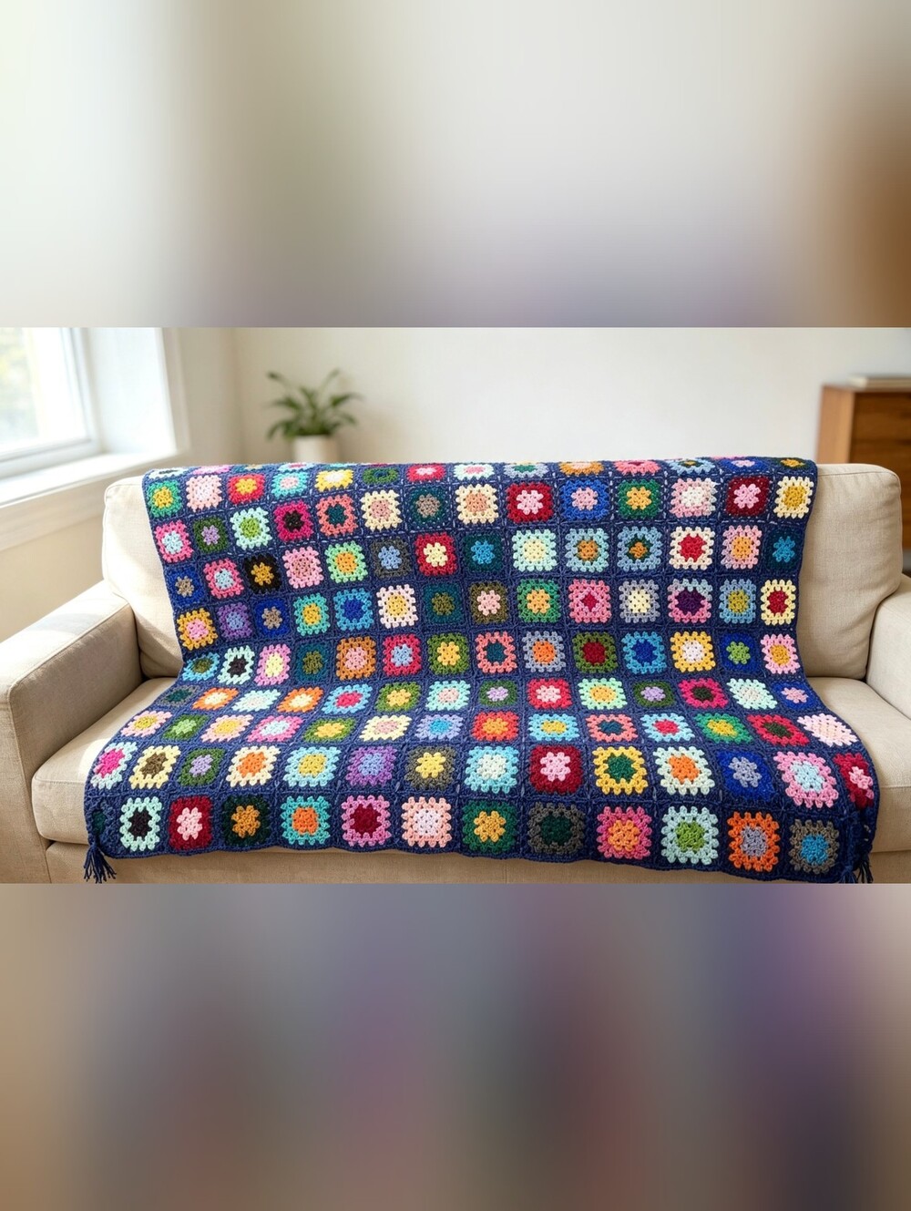 Handmade Crochet Granny Square Blanket, Boho Multi Color Granny Square Throw